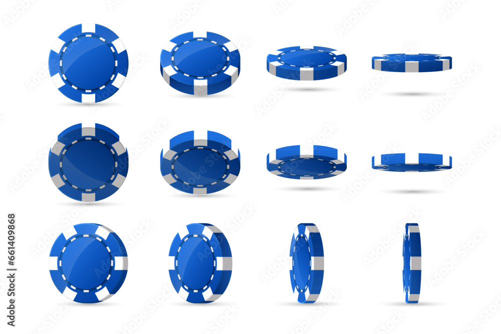 Wall mural Set of blue casino poker chip in different, various position. Collection of diamonds, hearts, clubs, spades tokens. Raise money. Play roulette. Isolated on white background. Vector illustration - Wall murals