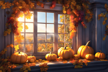 Obraz premium Autumn decor for a window in a country house.