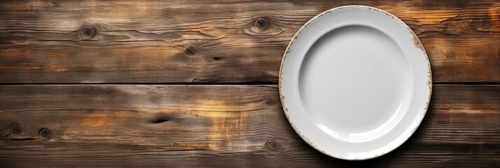 Fototapeta na wymiar Rustic elegance. Empty white plate on vintage wooden table top view. Dining awaits with copy space