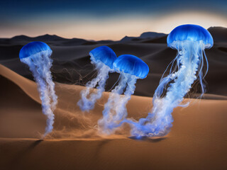 Blue jellyfish moving in the desert