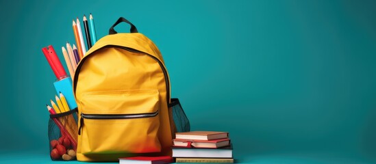school bag filled with books and supplies With copyspace for text