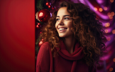 Obraz na płótnie Canvas Laughing beauty girl with color clothes on Christmas background.