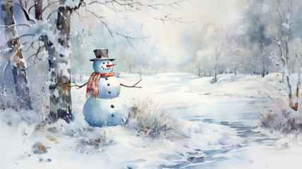 Watercolor painting of a snowman in winter landscape. Watercolor snowman in winter snowfall. Christmas illustration.