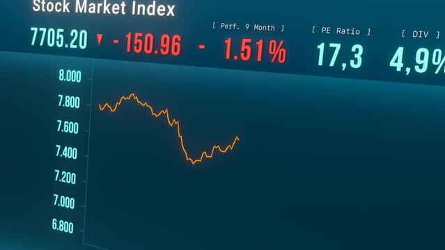 Stock market index moving down. Falling stock market, losing money. Bear market, crisis, stock market crash, reduction, investment, trading, business.