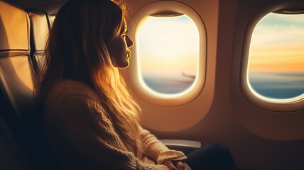 A young modern cute woman in the passenger seat looks out the windows of the airplane. girl traveler flies on a plane AI. - obrazy, fototapety, plakaty