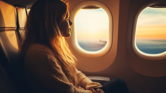 A young modern cute woman in the passenger seat looks out the windows of the airplane. girl traveler flies on a plane AI.