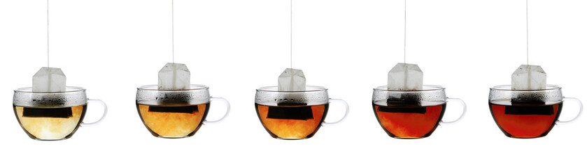 A collage of photos of tea from a bag, a transparent cup.