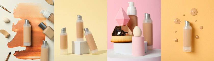 A collage of photos with a tonal product in a glass bottle, for make-up - obrazy, fototapety, plakaty