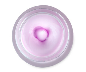 Opened moisturizer cream in container on top with white background