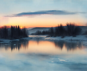 Watercolor winter landscape with a river covered with ice