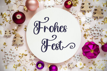 Fototapeta na wymiar Text Frohes Fest, Means Happy Holidays, Purple Flatlay Christmas Decor