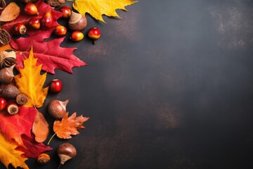 Autumn background with nuts acorns and red autumn leaves