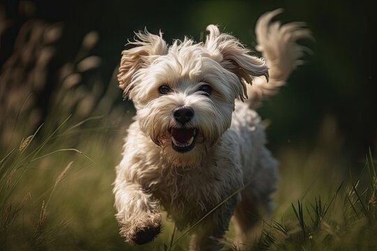 Energetic puppy enjoying sunny day in park. Playful terrier pup running on green grass. Adorable dog having fun outdoors