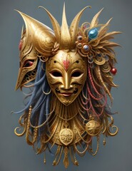 Golden Venetian mask with feathers and beads on a gray background.