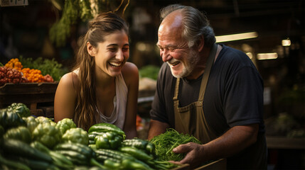 Farmer's market vendors laugh as they lay out vegetables on the counter. 