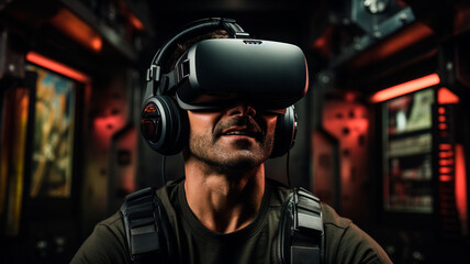 Hombre con gafas de realidad virtual. Disfrutando del metaverso. - obrazy, fototapety, plakaty