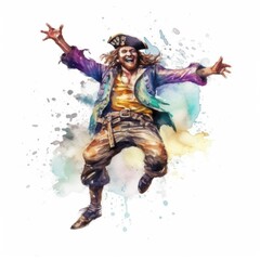 Obraz na płótnie Canvas Illustrations in a watercolor style for the design of invitation cards for a children's birthday party in the theme of Pirate Treasures: Male pirate happy jumping