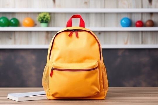 Backpack on wooden table