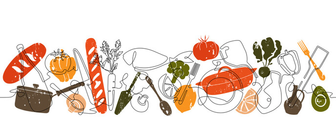 Cooking process on white background. Meal preparation from food ingredients. Vector illustration.