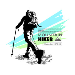 Mountain Hiker vector illustration with back-bellow view.