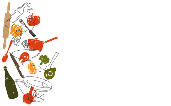 Cooking process vertical art on white  background. Meal preparation with food ingredients and utensils. Vector illustration.