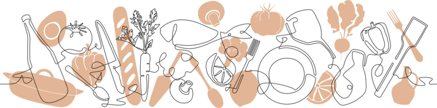Naklejki Cooking process at background. Meal preparation with food ingredients and utensils in nude color. Vector culinary illustration.