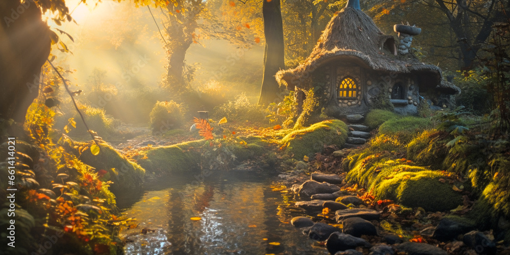 Wall mural a small fairy tale house in dark fantasy autumn forest, miniature woodland cottage made by gnomes an
