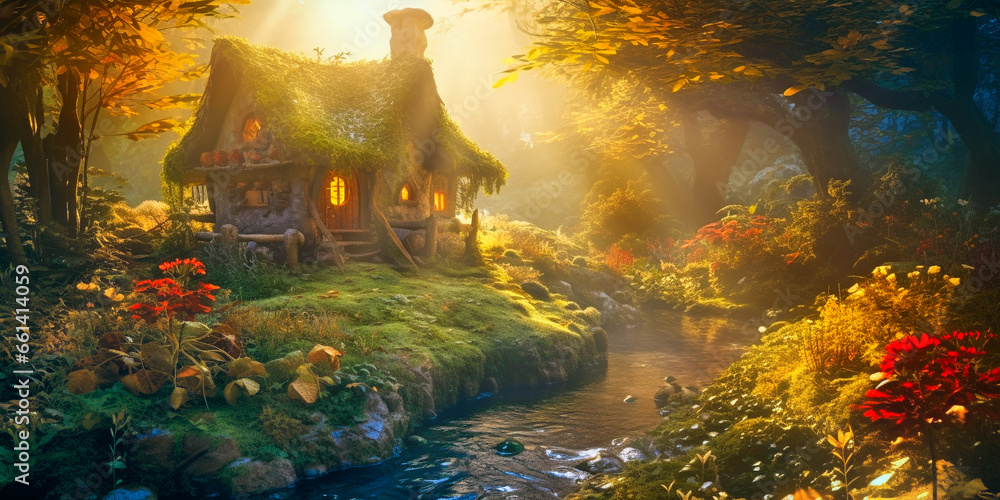 Wall mural a small fairy tale house in dark fantasy autumn forest, miniature woodland cottage made by gnomes an