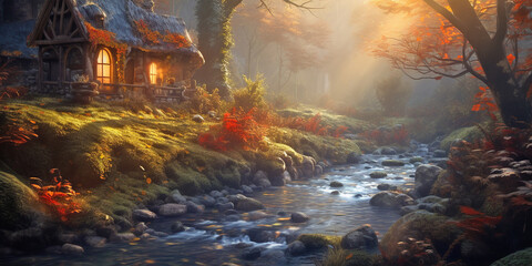 A small fairy tale house in dark fantasy autumn forest, miniature woodland cottage made by gnomes and trolls - obrazy, fototapety, plakaty