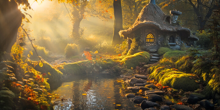 A small fairy tale house in dark fantasy autumn forest, miniature woodland cottage made by gnomes and trolls