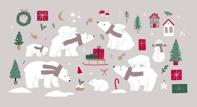 Cute cartoon Christmas bears - mom and baby. Vector illustration with chracter bear in flat style. Holidays print. Winter forest, trees, gifts, bears, baby bear