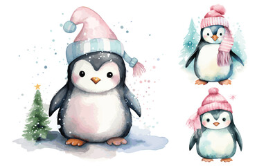 Watercolor Vectors of Christmas Winter Penguins in Powder Pink and Light blue Turquoise