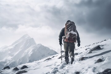 Fototapeta na wymiar Hiker At The Top Of The Snow Mountain, Everest Summit