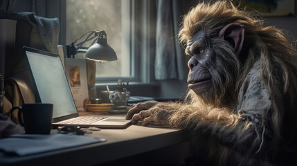 A troll seated at a laptop, symbolizing online abstraction and mockery, reflecting the darker side of the internet - obrazy, fototapety, plakaty