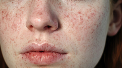 Fototapeta premium A person's facial skin with visible redness and pustules, highlighting the challenges of this condition