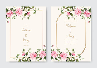 Pink watercolor roses wedding invitation card template set. Beautiful wedding card invitation.