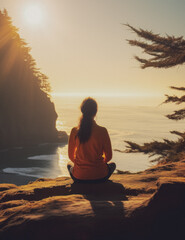 woman meditating in a scenic spot, AI generated