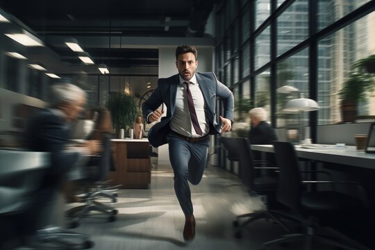 Businessman running in Office Lobby