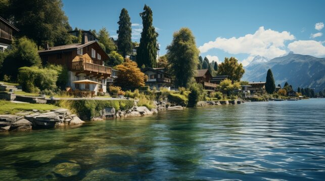 Houses sitting by the lake in a lake, in the style of photo
