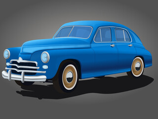 Retro car illustration of classic car design of the last century.Blue classic car.