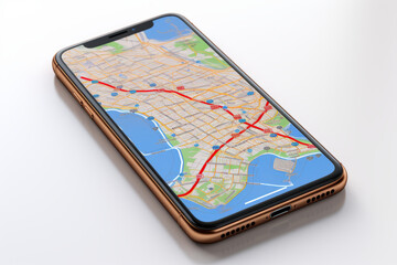 Delivery person's hand holding a smartphone with a route map, Generative AI