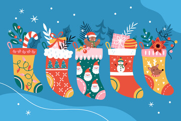 Christmas holiday cute sock set. Childish print for cards, stickers and party invitations. Vector illustration