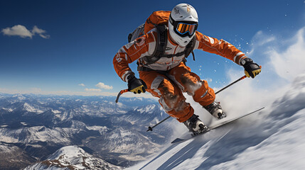 An alpine skier in mid-air, soaring over a mountain ridge against a brilliant blue sky - obrazy, fototapety, plakaty