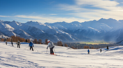 A curling team in action on a pristine outdoor ice rink surrounded by snowy mountains - obrazy, fototapety, plakaty