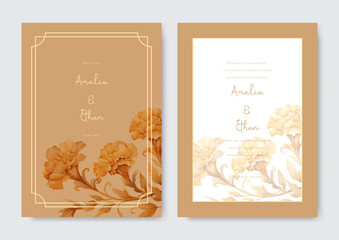 Minimalist wedding invitation card template design, creamy marigold floral bouquet decorated on line frame on white