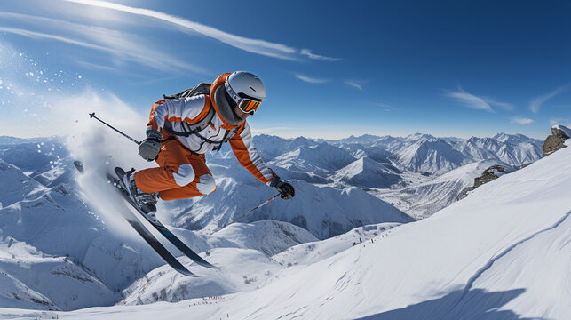 An alpine skier in mid-air, soaring over a mountain ridge against a brilliant blue sky