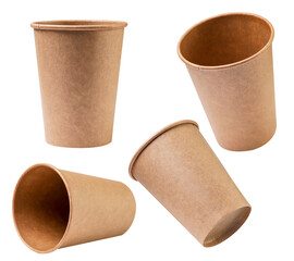 Set of paper cups from different sides close-up on a white background. Isolated