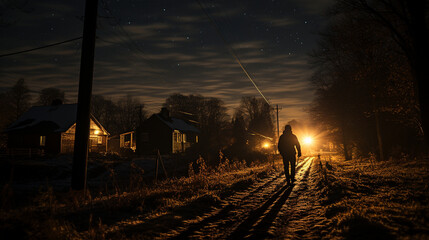 A cross-country skier racing against time on a well-lit, picturesque night trail