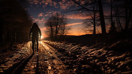 A cross-country skier racing against time on a well-lit, picturesque night trail