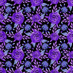 Fototapeta na wymiar Hand drawn watercolor purple roses and leaves seamless pattern isolated on black background. Can be used for textile, fabric and other printed products.